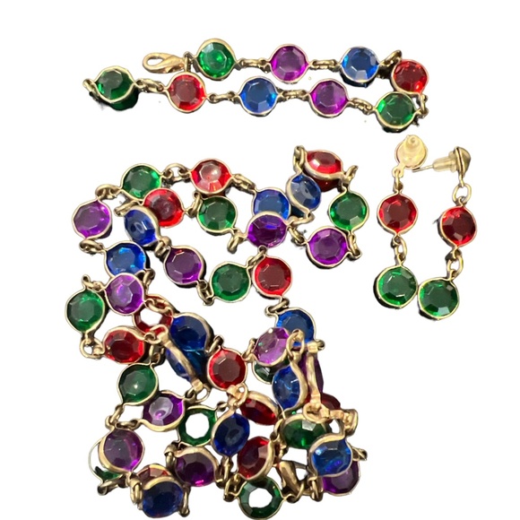 Vintage Long Caged Multicolour Crystals Necklace Bracelet Dangling Earrings 90's - Picture 12 of 13